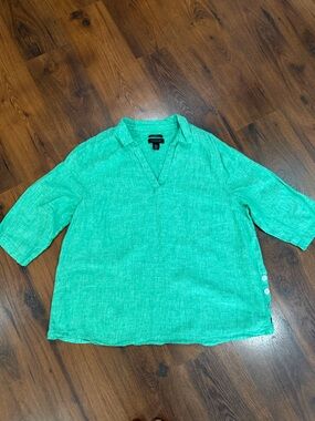 TAHARI Womens 100% Linen V Neck Top-Turquoise-Mother of Pearl Button Accents 2X